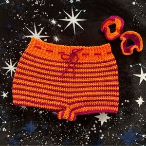 Crochet Shorts Orange/Magenta Striped with Single Flower Back Pocket